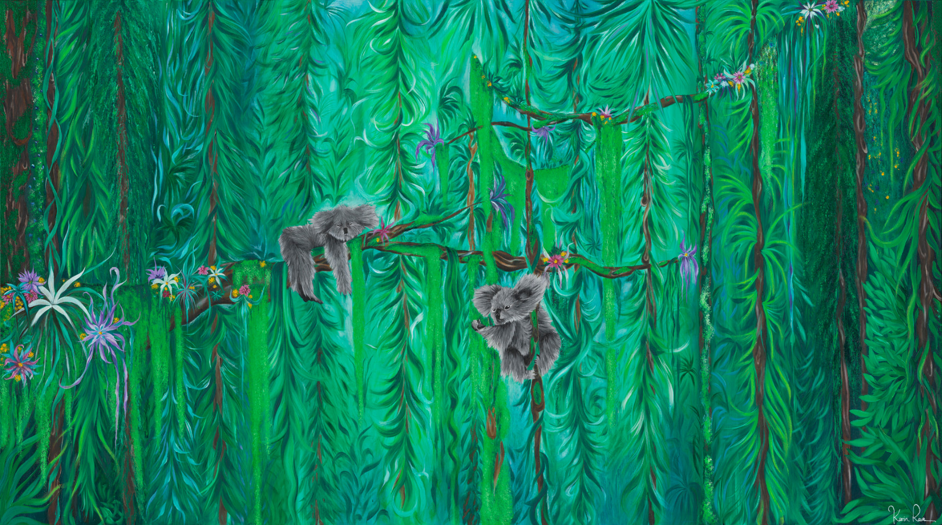 I Am Home — koalas resting in a deep green forest of hanging light