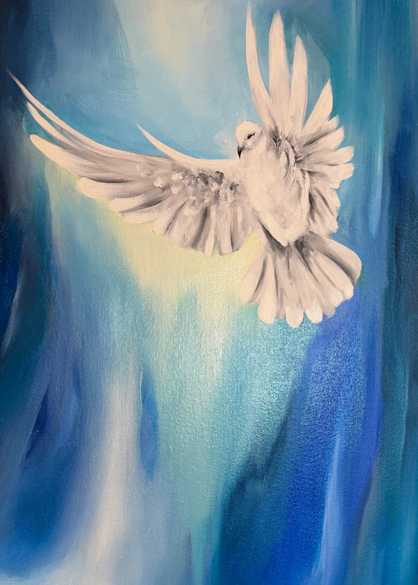 Detail of Fear Not, Israel — a white dove in flight across falling blue
