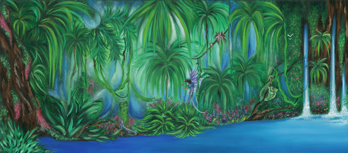 A Place I Remember — a wide panorama of waterfalls and a pale clearing