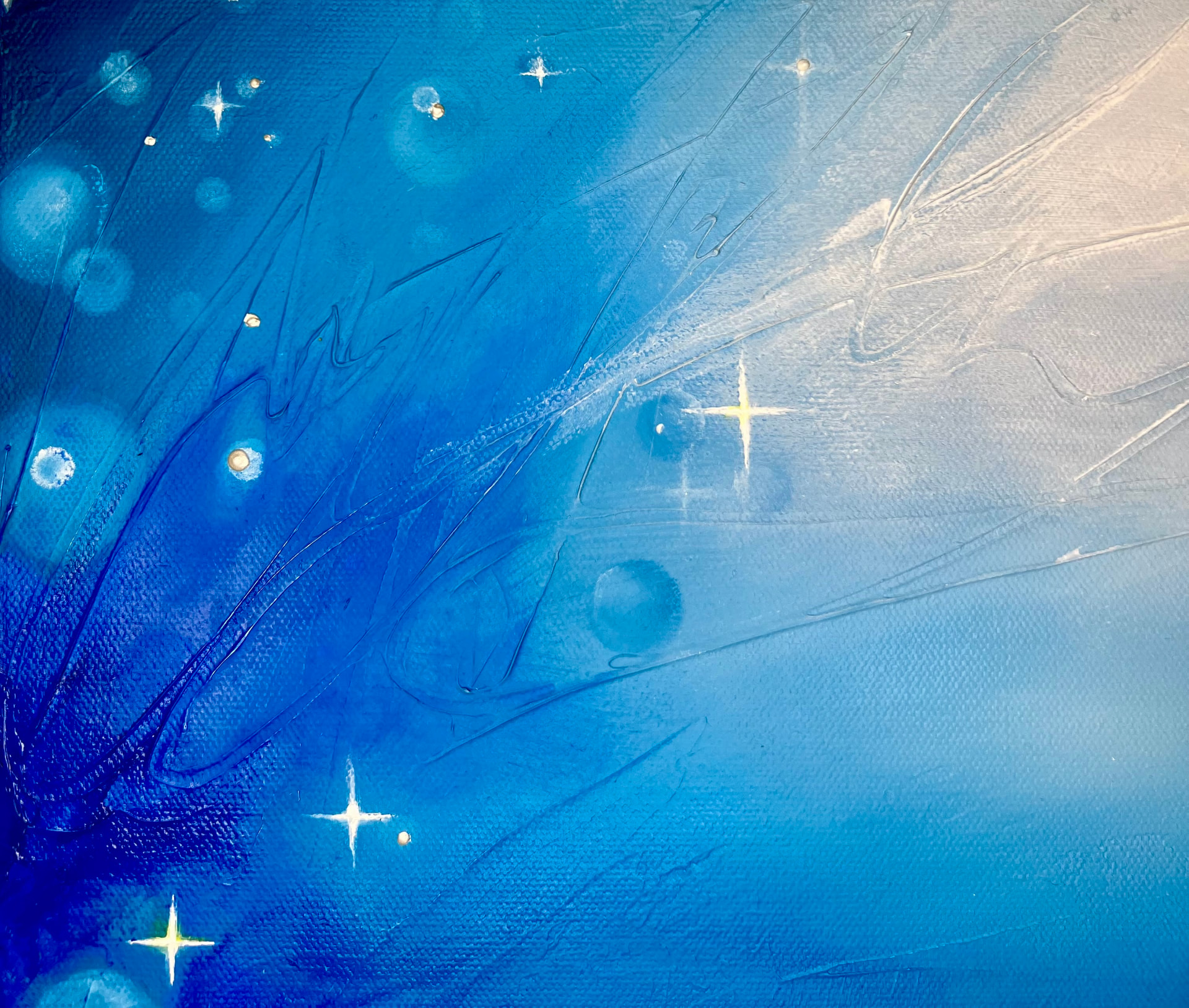 Painting detail — deep blue and white passages scattered with small painted stars
