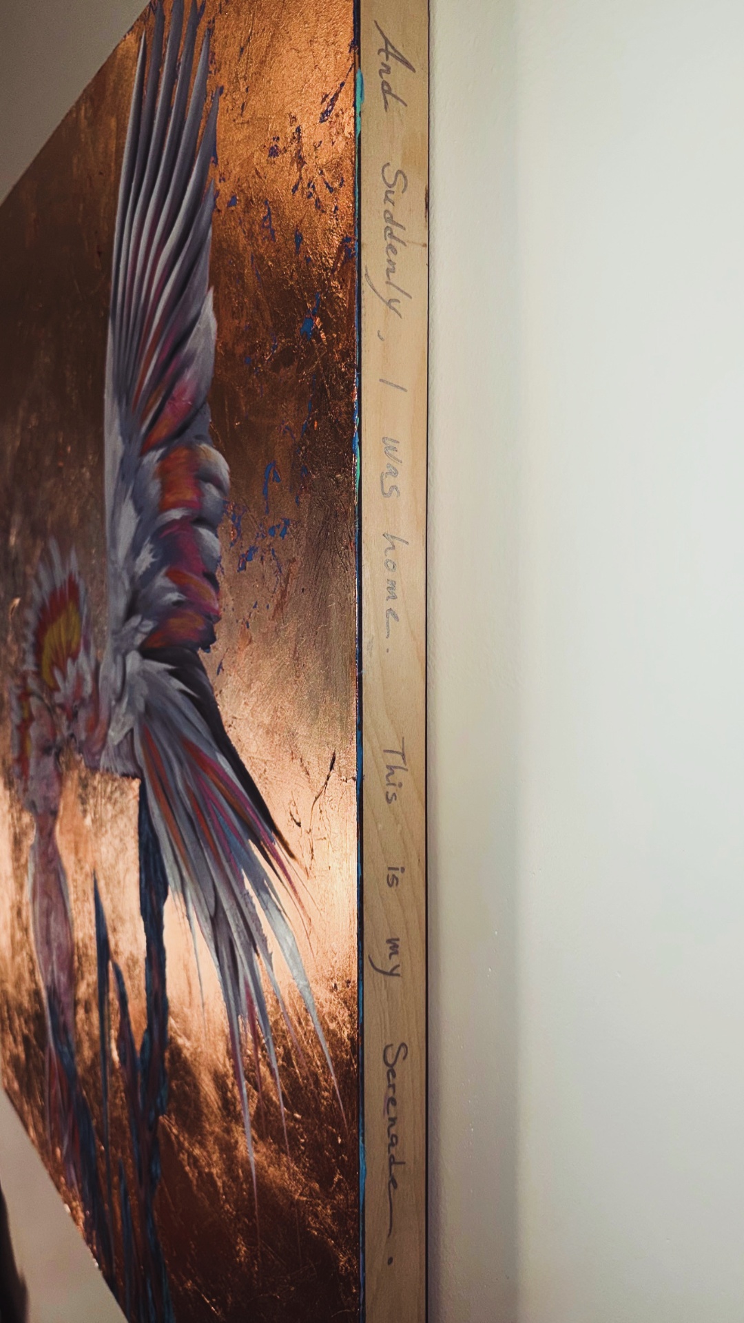 Detail of Serenade — the painted edge of the canvas with handwritten notes