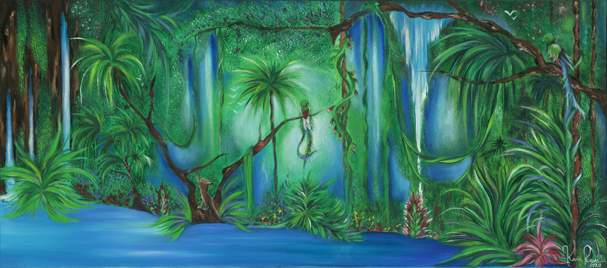 A Place I Remember, right panel — waterfalls falling through dense green into the pool