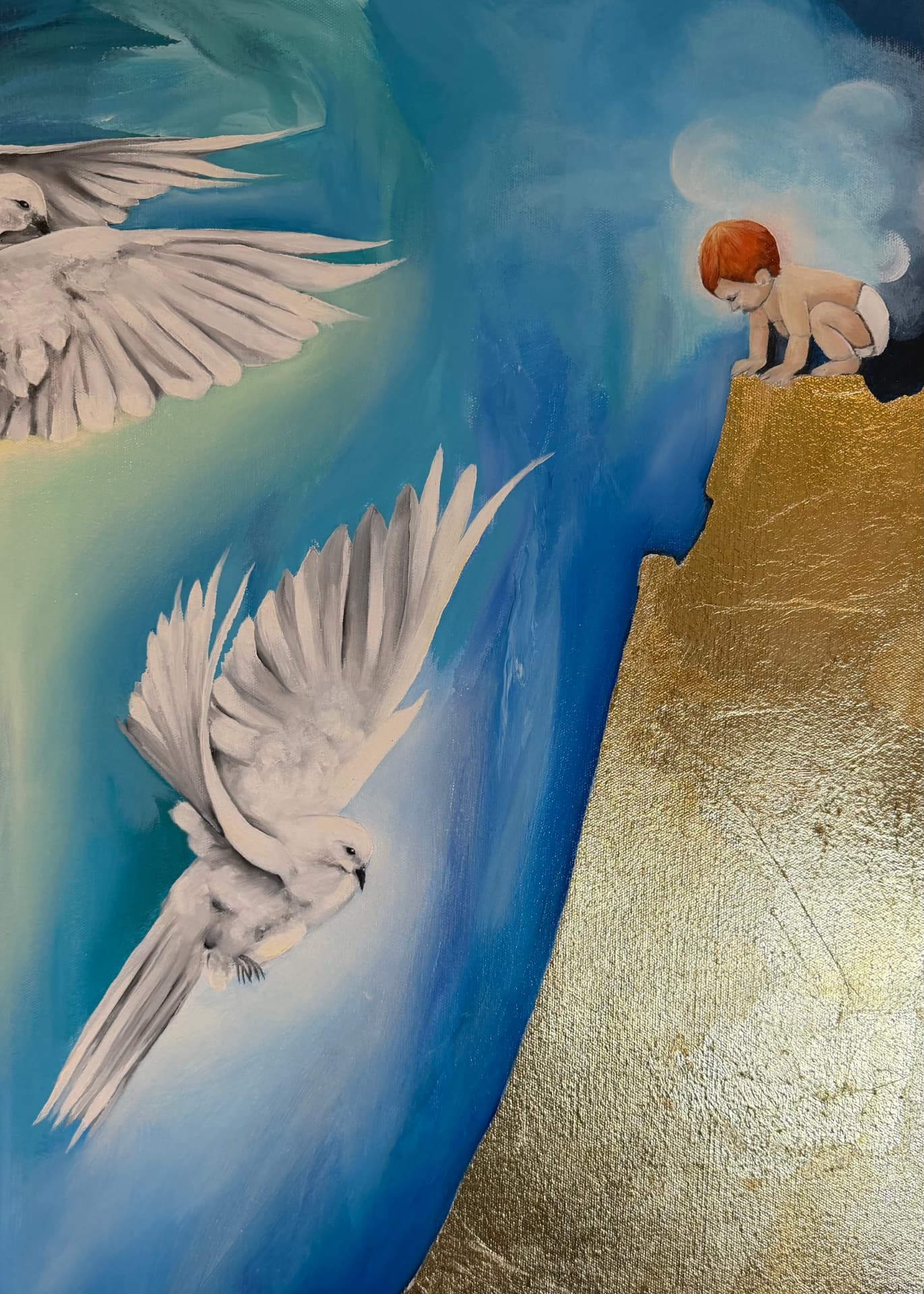 Detail of Fear Not, Israel — a small red-haired child at the edge of the gold form